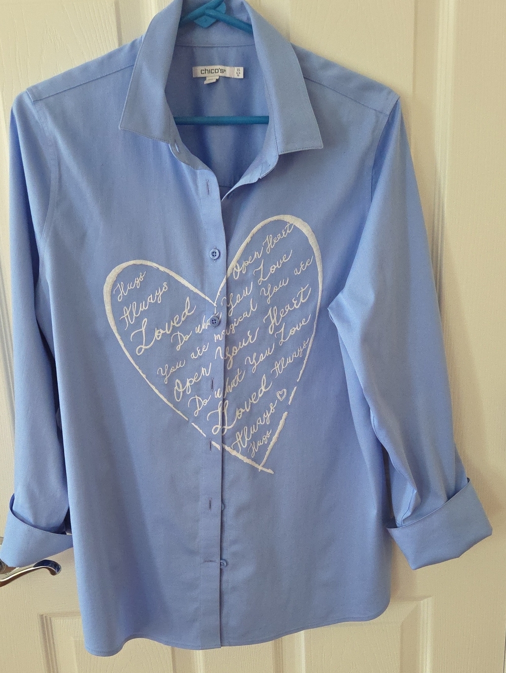Chico's Powder Blue Button-Down Shirt with White Heart Script